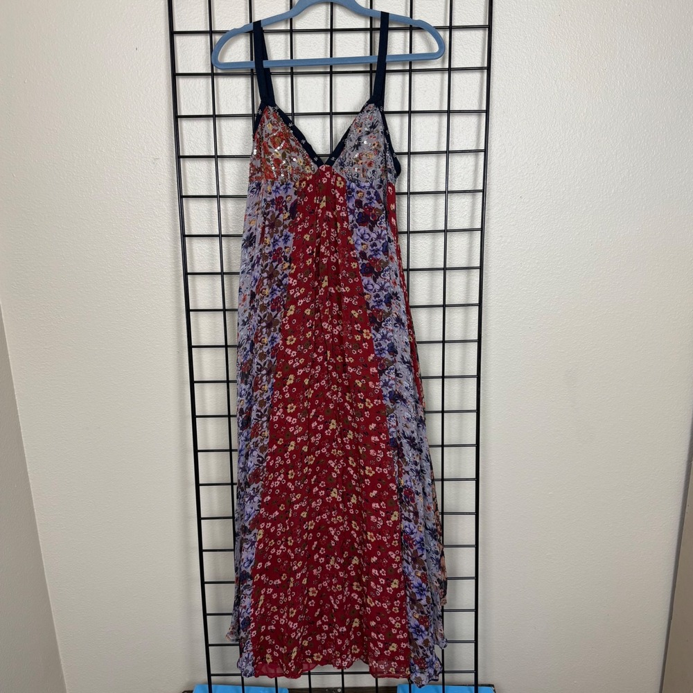 Zara Patchwork Floral Maxi Dress Womens L Red Mixed Print Sequin V-Neck Boho